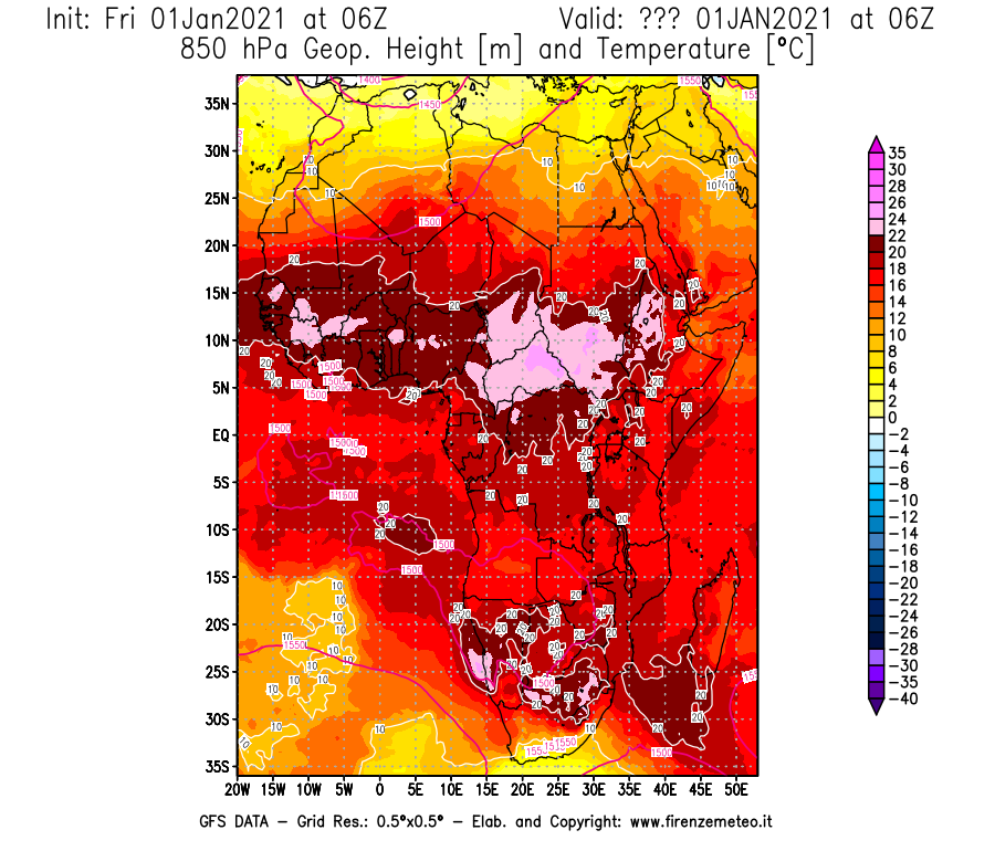 Mappa di analisi GFS - Geopotenziale [m] e Temperatura [°C] a 850 hPa in Africa
							del 01/01/2021 06 <!--googleoff: index-->UTC<!--googleon: index-->