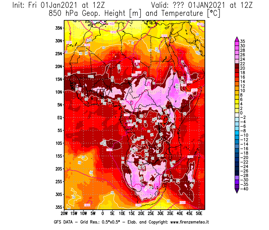 Mappa di analisi GFS - Geopotenziale [m] e Temperatura [°C] a 850 hPa in Africa
							del 01/01/2021 12 <!--googleoff: index-->UTC<!--googleon: index-->