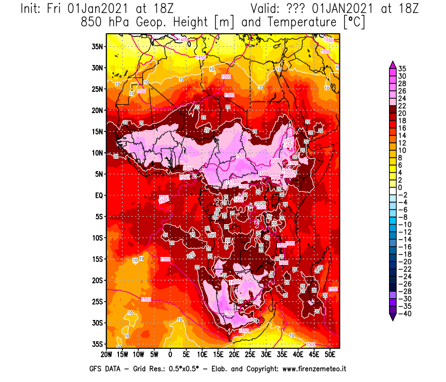 Mappa di analisi GFS - Geopotenziale [m] e Temperatura [°C] a 850 hPa in Africa
							del 01/01/2021 18 <!--googleoff: index-->UTC<!--googleon: index-->