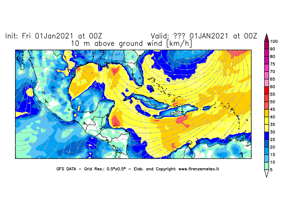 Mappa di analisi GFS - Velocità del vento a 10 metri dal suolo [km/h] in Centro-America
							del 01/01/2021 00 <!--googleoff: index-->UTC<!--googleon: index-->