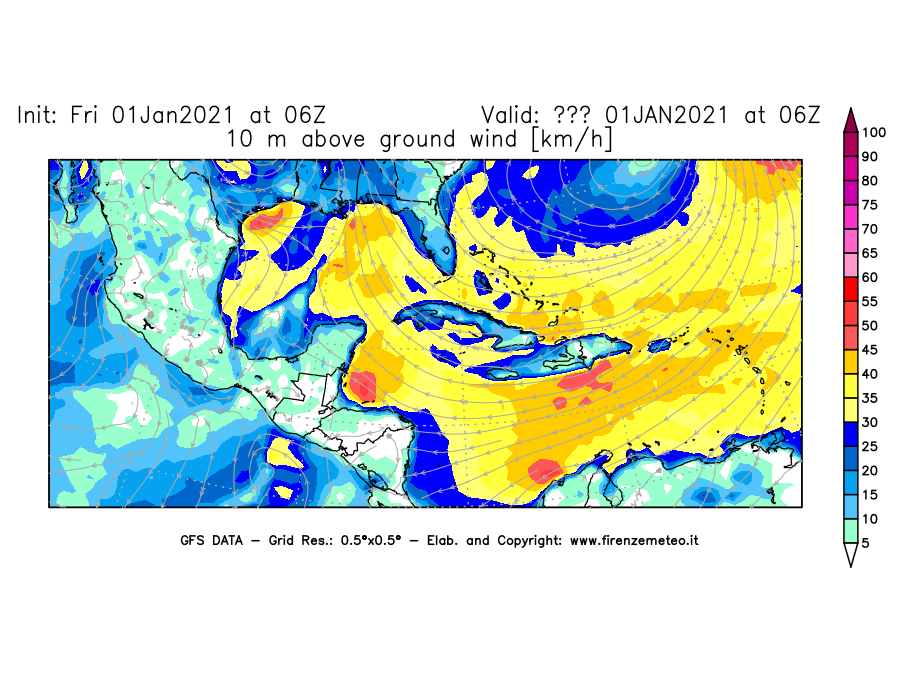 Mappa di analisi GFS - Velocità del vento a 10 metri dal suolo [km/h] in Centro-America
							del 01/01/2021 06 <!--googleoff: index-->UTC<!--googleon: index-->