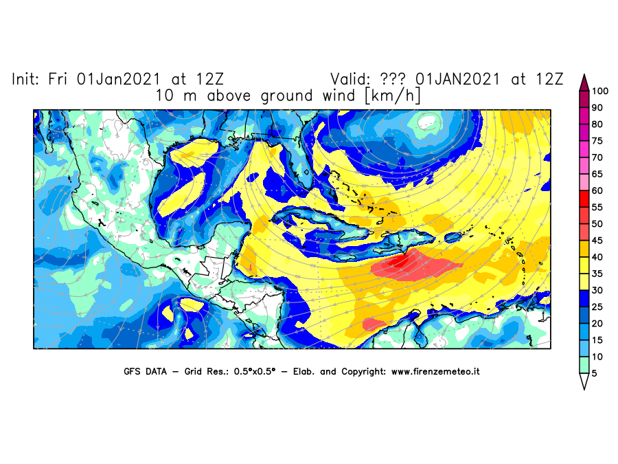 Mappa di analisi GFS - Velocità del vento a 10 metri dal suolo [km/h] in Centro-America
							del 01/01/2021 12 <!--googleoff: index-->UTC<!--googleon: index-->