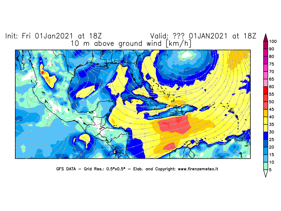 Mappa di analisi GFS - Velocità del vento a 10 metri dal suolo [km/h] in Centro-America
							del 01/01/2021 18 <!--googleoff: index-->UTC<!--googleon: index-->