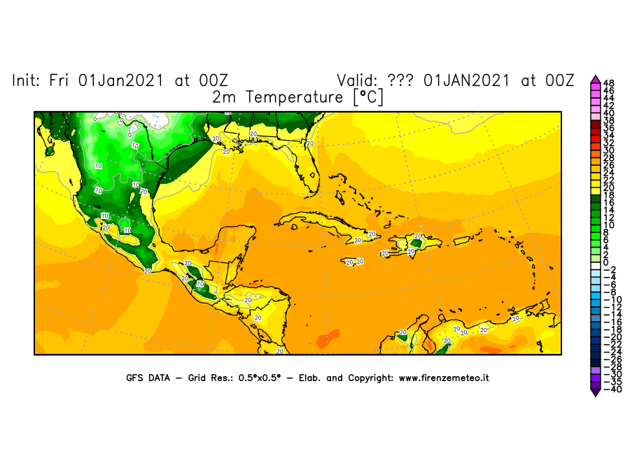 Mappa di analisi GFS - Temperatura a 2 metri dal suolo [°C] in Centro-America
							del 01/01/2021 00 <!--googleoff: index-->UTC<!--googleon: index-->