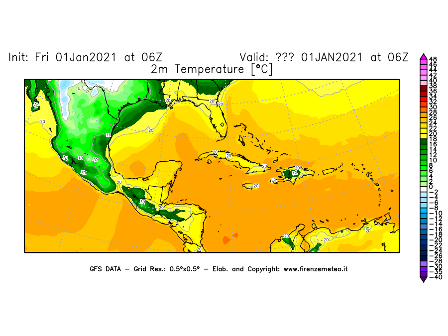 Mappa di analisi GFS - Temperatura a 2 metri dal suolo [°C] in Centro-America
							del 01/01/2021 06 <!--googleoff: index-->UTC<!--googleon: index-->
