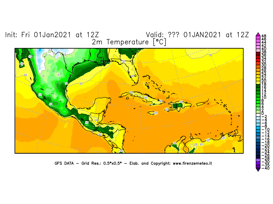 Mappa di analisi GFS - Temperatura a 2 metri dal suolo [°C] in Centro-America
							del 01/01/2021 12 <!--googleoff: index-->UTC<!--googleon: index-->