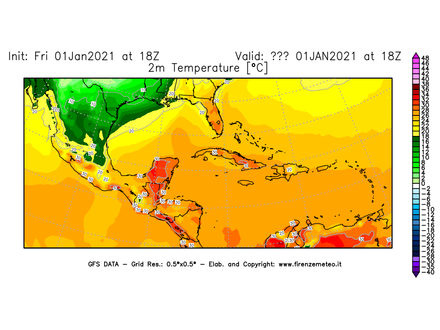 Mappa di analisi GFS - Temperatura a 2 metri dal suolo [°C] in Centro-America
							del 01/01/2021 18 <!--googleoff: index-->UTC<!--googleon: index-->