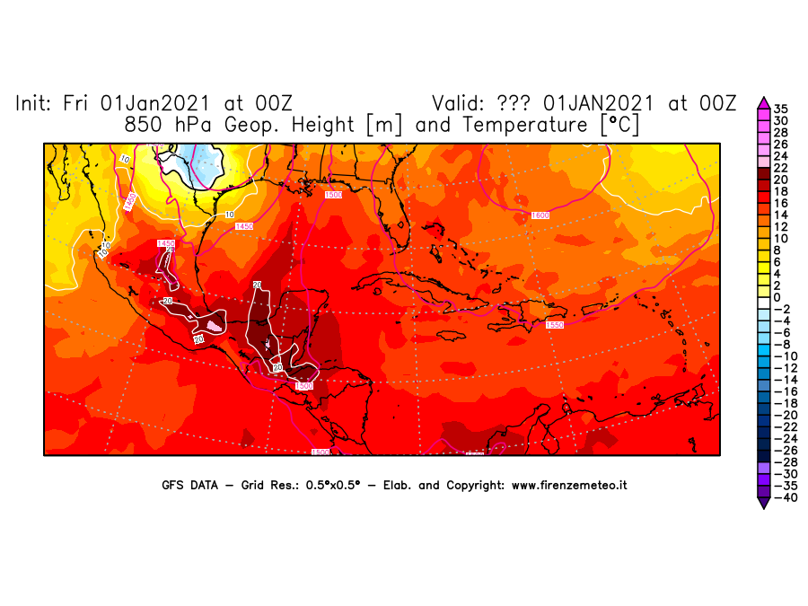 Mappa di analisi GFS - Geopotenziale [m] e Temperatura [°C] a 850 hPa in Centro-America
							del 01/01/2021 00 <!--googleoff: index-->UTC<!--googleon: index-->