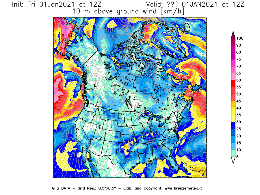 Mappa di analisi GFS - Velocità del vento a 10 metri dal suolo [km/h] in Nord-America
							del 01/01/2021 12 <!--googleoff: index-->UTC<!--googleon: index-->