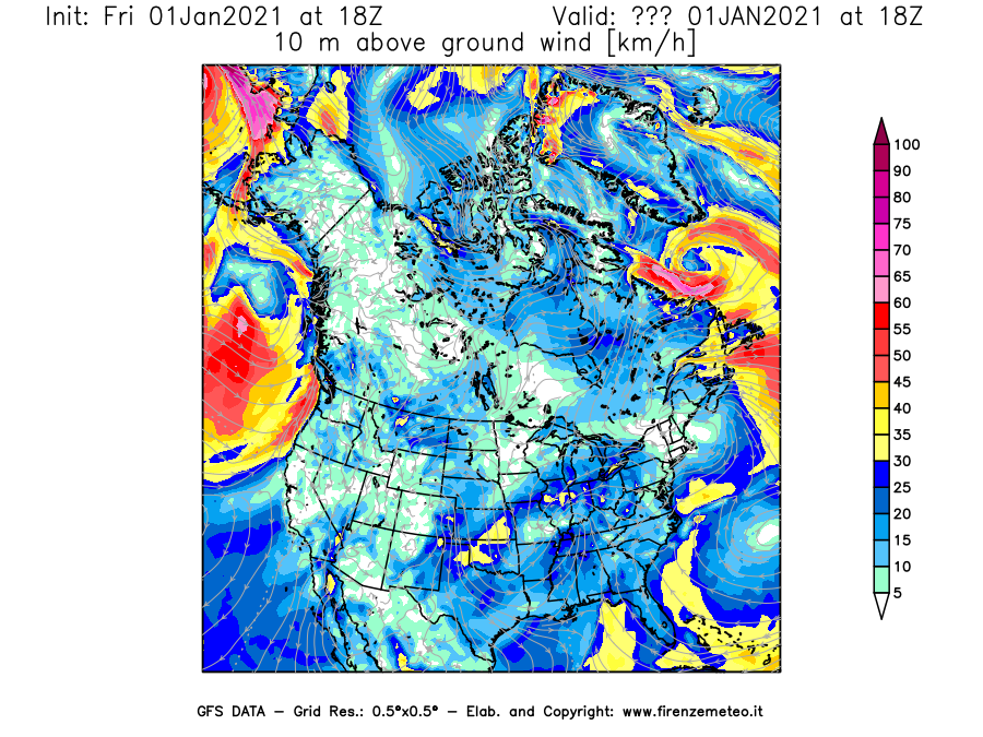 Mappa di analisi GFS - Velocità del vento a 10 metri dal suolo [km/h] in Nord-America
							del 01/01/2021 18 <!--googleoff: index-->UTC<!--googleon: index-->