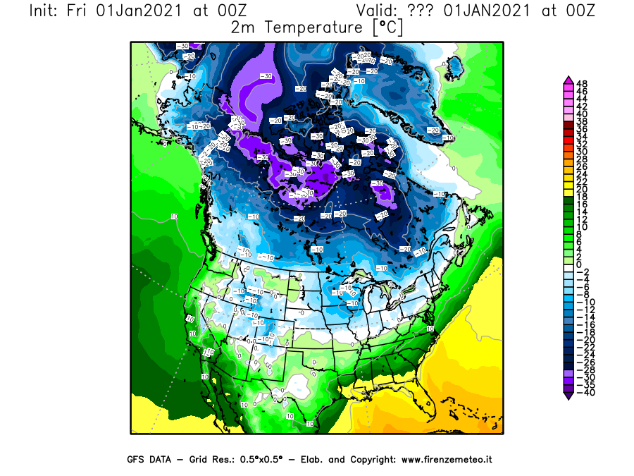 Mappa di analisi GFS - Temperatura a 2 metri dal suolo [°C] in Nord-America
							del 01/01/2021 00 <!--googleoff: index-->UTC<!--googleon: index-->