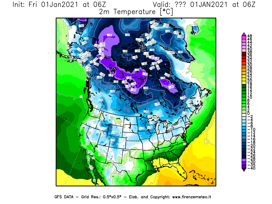 Mappa di analisi GFS - Temperatura a 2 metri dal suolo [°C] in Nord-America
							del 01/01/2021 06 <!--googleoff: index-->UTC<!--googleon: index-->