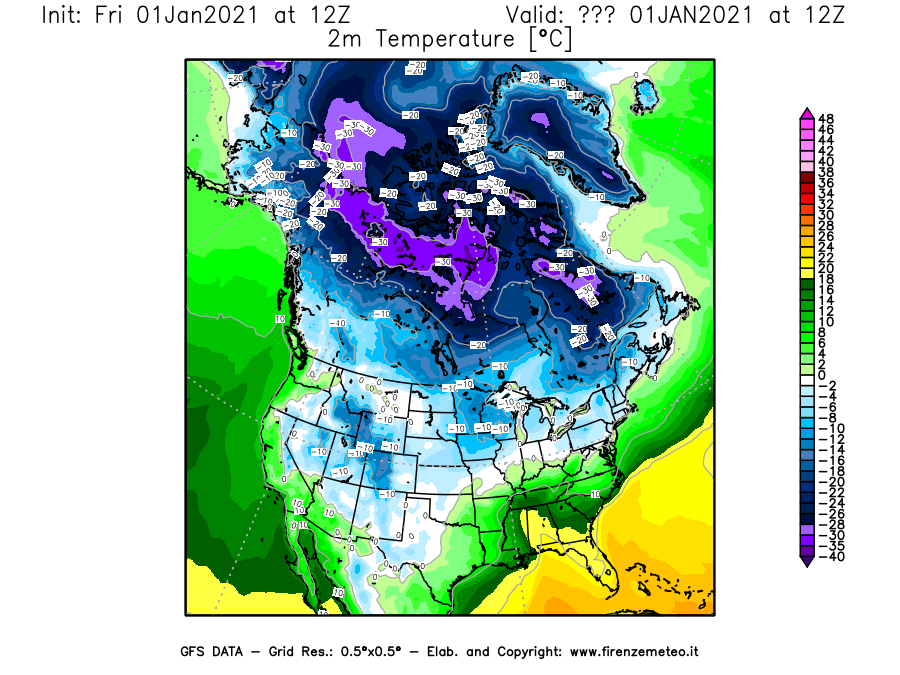 Mappa di analisi GFS - Temperatura a 2 metri dal suolo [°C] in Nord-America
							del 01/01/2021 12 <!--googleoff: index-->UTC<!--googleon: index-->