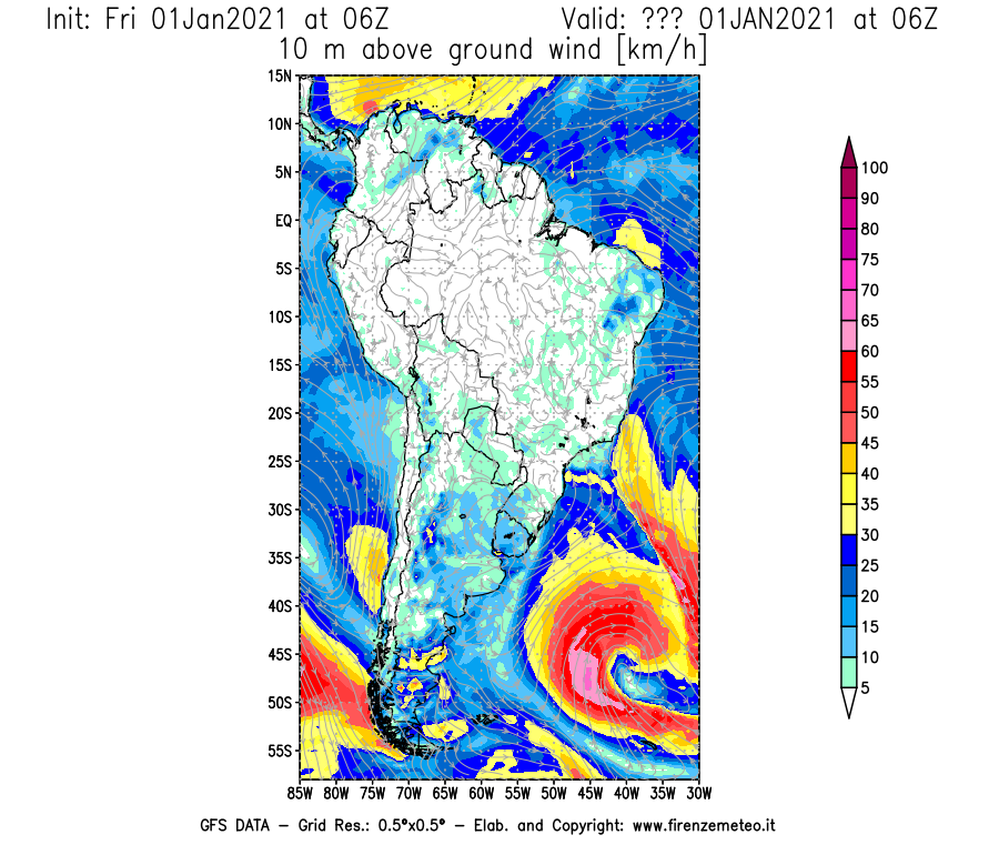 Mappa di analisi GFS - Velocità del vento a 10 metri dal suolo [km/h] in Sud-America
							del 01/01/2021 06 <!--googleoff: index-->UTC<!--googleon: index-->