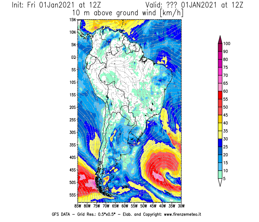 Mappa di analisi GFS - Velocità del vento a 10 metri dal suolo [km/h] in Sud-America
							del 01/01/2021 12 <!--googleoff: index-->UTC<!--googleon: index-->