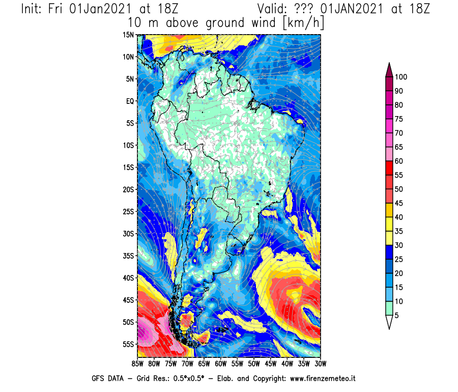 Mappa di analisi GFS - Velocità del vento a 10 metri dal suolo [km/h] in Sud-America
							del 01/01/2021 18 <!--googleoff: index-->UTC<!--googleon: index-->