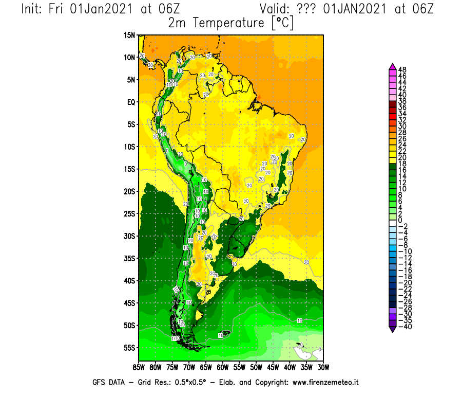 Mappa di analisi GFS - Temperatura a 2 metri dal suolo [°C] in Sud-America
							del 01/01/2021 06 <!--googleoff: index-->UTC<!--googleon: index-->