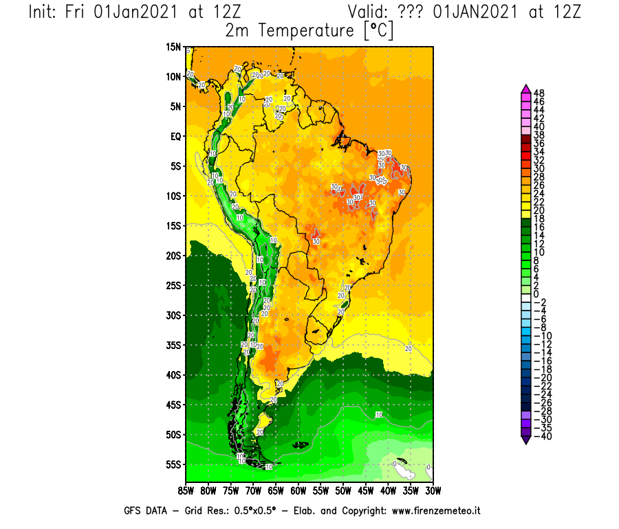 Mappa di analisi GFS - Temperatura a 2 metri dal suolo [°C] in Sud-America
							del 01/01/2021 12 <!--googleoff: index-->UTC<!--googleon: index-->
