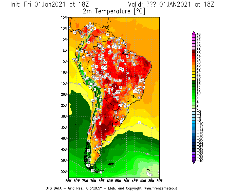 Mappa di analisi GFS - Temperatura a 2 metri dal suolo [°C] in Sud-America
							del 01/01/2021 18 <!--googleoff: index-->UTC<!--googleon: index-->