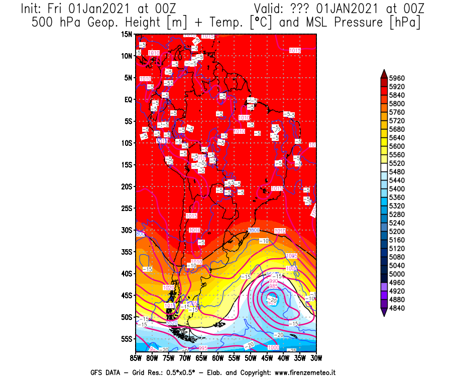 Mappa di analisi GFS - Geopotenziale [m] + Temp. [°C] a 500 hPa + Press. a livello del mare [hPa] in Sud-America
							del 01/01/2021 00 <!--googleoff: index-->UTC<!--googleon: index-->