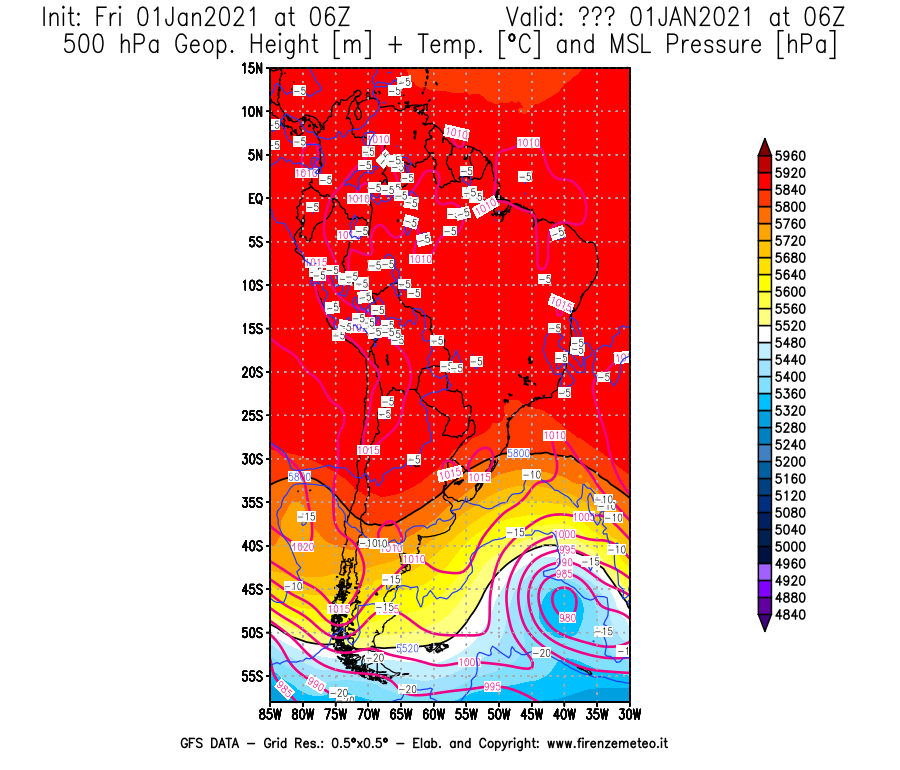 Mappa di analisi GFS - Geopotenziale [m] + Temp. [°C] a 500 hPa + Press. a livello del mare [hPa] in Sud-America
							del 01/01/2021 06 <!--googleoff: index-->UTC<!--googleon: index-->