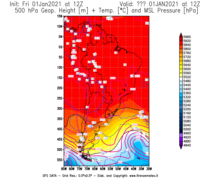 Mappa di analisi GFS - Geopotenziale [m] + Temp. [°C] a 500 hPa + Press. a livello del mare [hPa] in Sud-America
							del 01/01/2021 12 <!--googleoff: index-->UTC<!--googleon: index-->