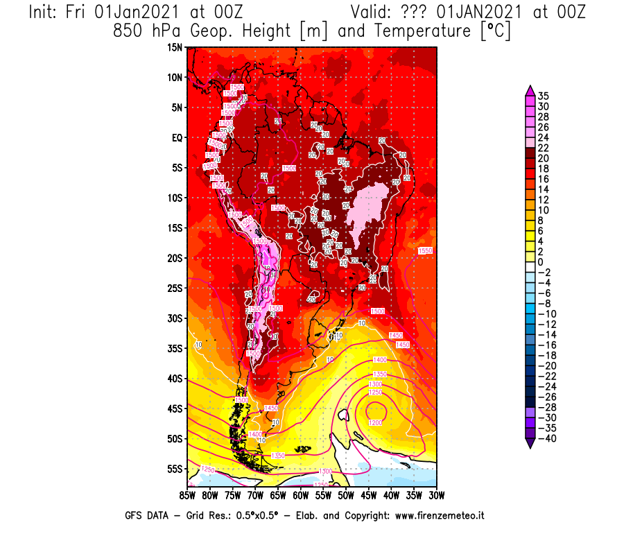 Mappa di analisi GFS - Geopotenziale [m] e Temperatura [°C] a 850 hPa in Sud-America
							del 01/01/2021 00 <!--googleoff: index-->UTC<!--googleon: index-->