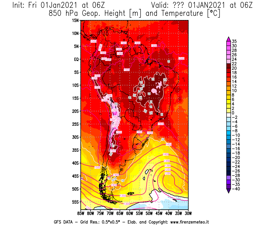Mappa di analisi GFS - Geopotenziale [m] e Temperatura [°C] a 850 hPa in Sud-America
							del 01/01/2021 06 <!--googleoff: index-->UTC<!--googleon: index-->