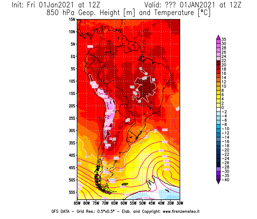 Mappa di analisi GFS - Geopotenziale [m] e Temperatura [°C] a 850 hPa in Sud-America
							del 01/01/2021 12 <!--googleoff: index-->UTC<!--googleon: index-->