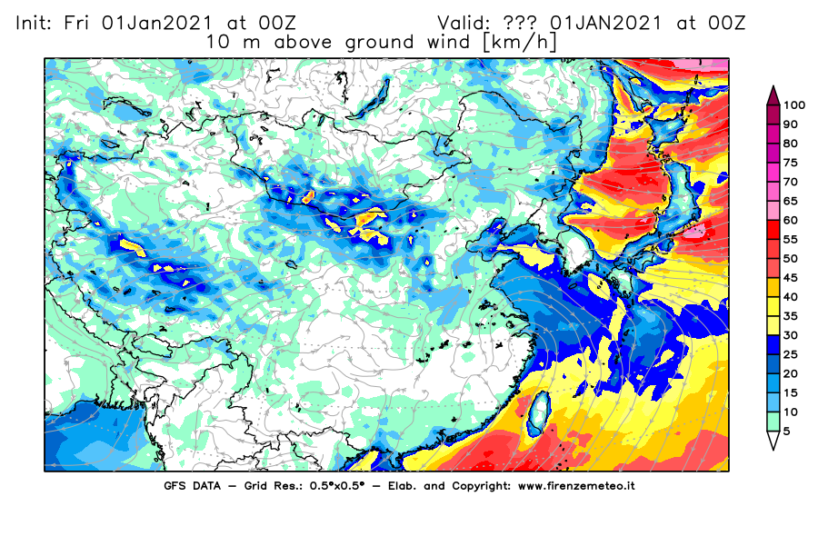 Mappa di analisi GFS - Velocità del vento a 10 metri dal suolo [km/h] in Asia Orientale
							del 01/01/2021 00 <!--googleoff: index-->UTC<!--googleon: index-->