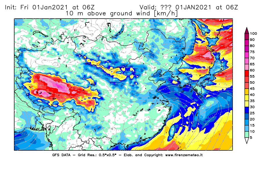 Mappa di analisi GFS - Velocità del vento a 10 metri dal suolo [km/h] in Asia Orientale
							del 01/01/2021 06 <!--googleoff: index-->UTC<!--googleon: index-->
