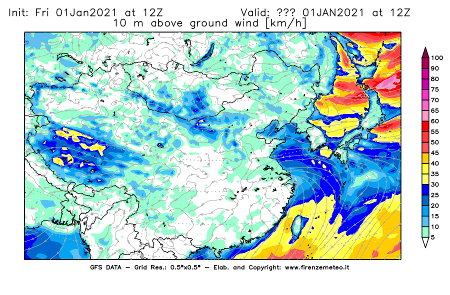Mappa di analisi GFS - Velocità del vento a 10 metri dal suolo [km/h] in Asia Orientale
							del 01/01/2021 12 <!--googleoff: index-->UTC<!--googleon: index-->
