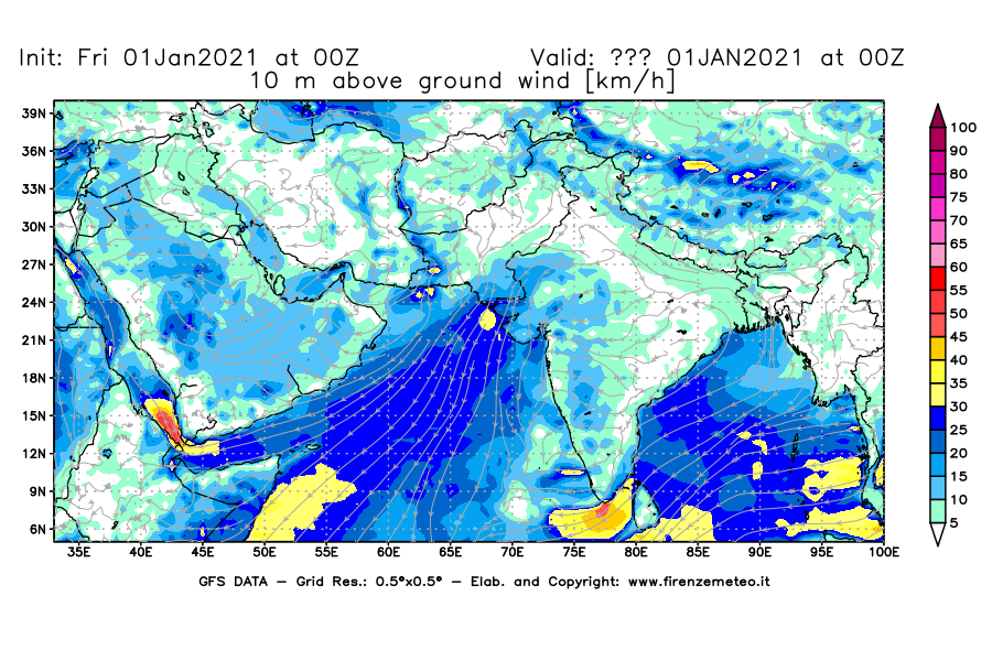 Mappa di analisi GFS - Velocità del vento a 10 metri dal suolo [km/h] in Asia Sud-Occidentale
							del 01/01/2021 00 <!--googleoff: index-->UTC<!--googleon: index-->