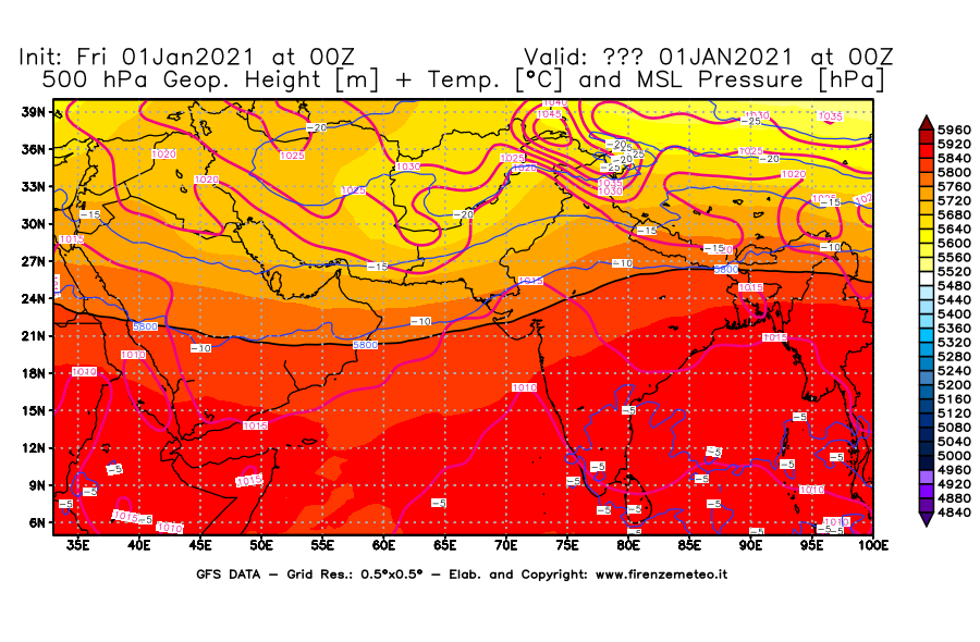 Mappa di analisi GFS - Geopotenziale [m] + Temp. [°C] a 500 hPa + Press. a livello del mare [hPa] in Asia Sud-Occidentale
							del 01/01/2021 00 <!--googleoff: index-->UTC<!--googleon: index-->