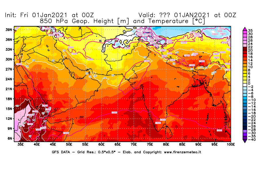 Mappa di analisi GFS - Geopotenziale [m] e Temperatura [°C] a 850 hPa in Asia Sud-Occidentale
							del 01/01/2021 00 <!--googleoff: index-->UTC<!--googleon: index-->