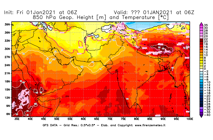 Mappa di analisi GFS - Geopotenziale [m] e Temperatura [°C] a 850 hPa in Asia Sud-Occidentale
							del 01/01/2021 06 <!--googleoff: index-->UTC<!--googleon: index-->