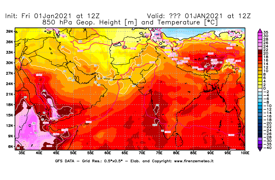 Mappa di analisi GFS - Geopotenziale [m] e Temperatura [°C] a 850 hPa in Asia Sud-Occidentale
							del 01/01/2021 12 <!--googleoff: index-->UTC<!--googleon: index-->