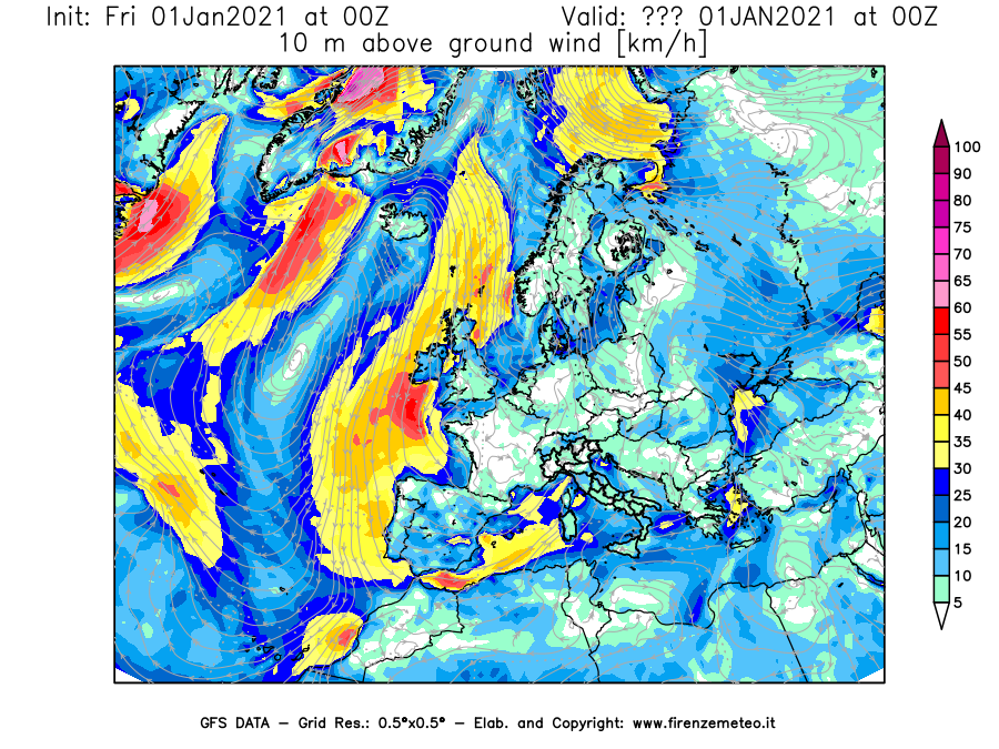 Mappa di analisi GFS - Velocità del vento a 10 metri dal suolo [km/h] in Europa
							del 01/01/2021 00 <!--googleoff: index-->UTC<!--googleon: index-->