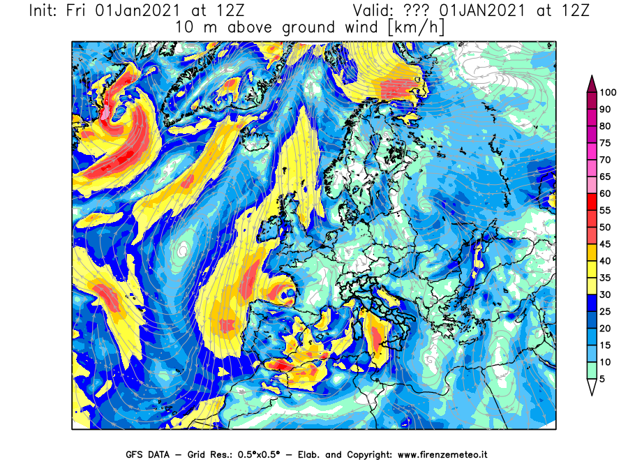Mappa di analisi GFS - Velocità del vento a 10 metri dal suolo [km/h] in Europa
							del 01/01/2021 12 <!--googleoff: index-->UTC<!--googleon: index-->