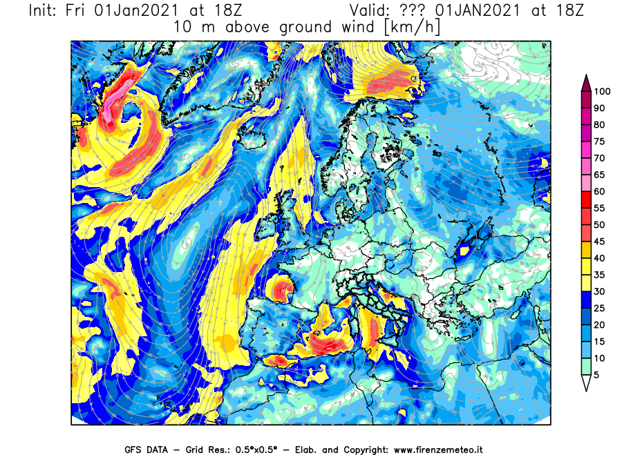 Mappa di analisi GFS - Velocità del vento a 10 metri dal suolo [km/h] in Europa
							del 01/01/2021 18 <!--googleoff: index-->UTC<!--googleon: index-->