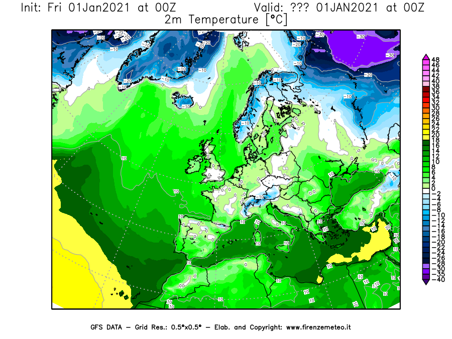 Mappa di analisi GFS - Temperatura a 2 metri dal suolo [°C] in Europa
							del 01/01/2021 00 <!--googleoff: index-->UTC<!--googleon: index-->