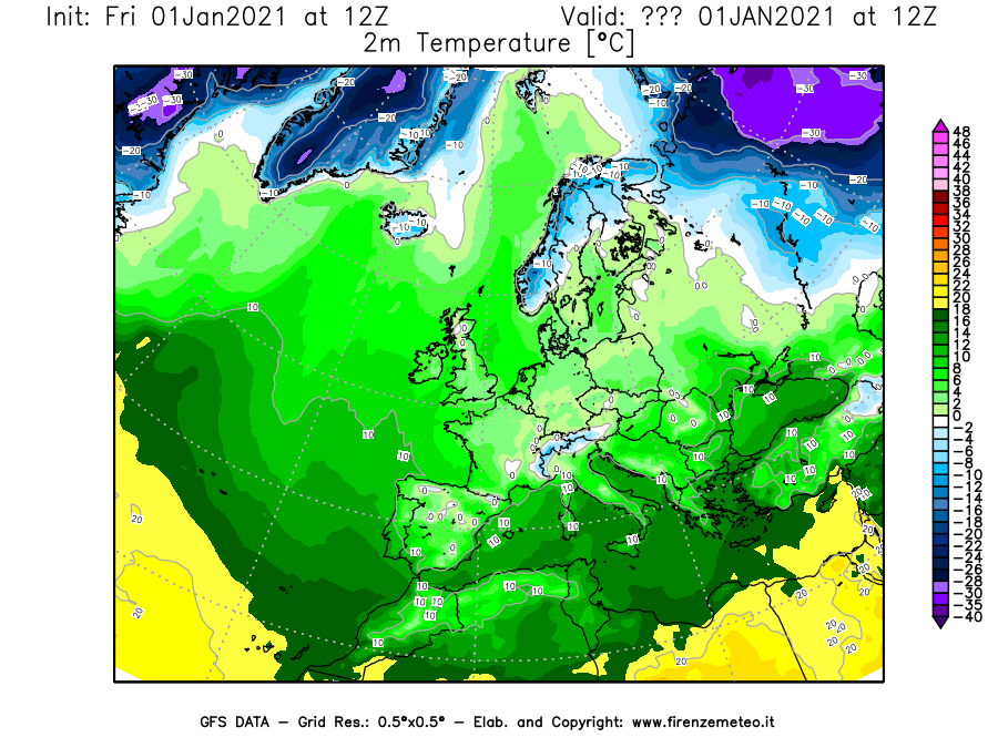 Mappa di analisi GFS - Temperatura a 2 metri dal suolo [°C] in Europa
							del 01/01/2021 12 <!--googleoff: index-->UTC<!--googleon: index-->