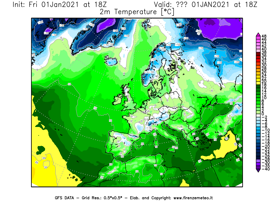Mappa di analisi GFS - Temperatura a 2 metri dal suolo [°C] in Europa
							del 01/01/2021 18 <!--googleoff: index-->UTC<!--googleon: index-->