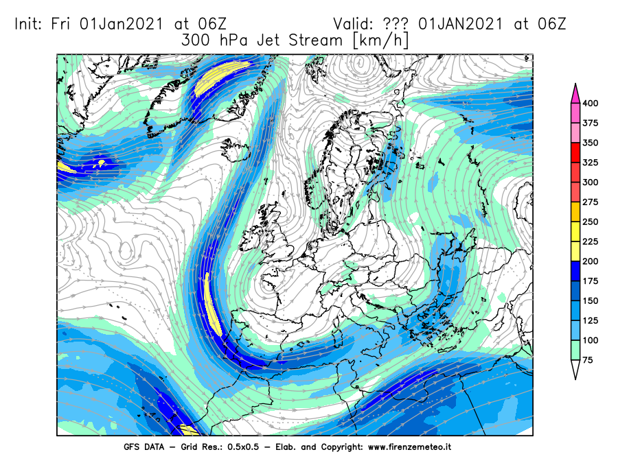 Mappa di analisi GFS - Jet Stream a 300 hPa in Europa
							del 01/01/2021 06 <!--googleoff: index-->UTC<!--googleon: index-->