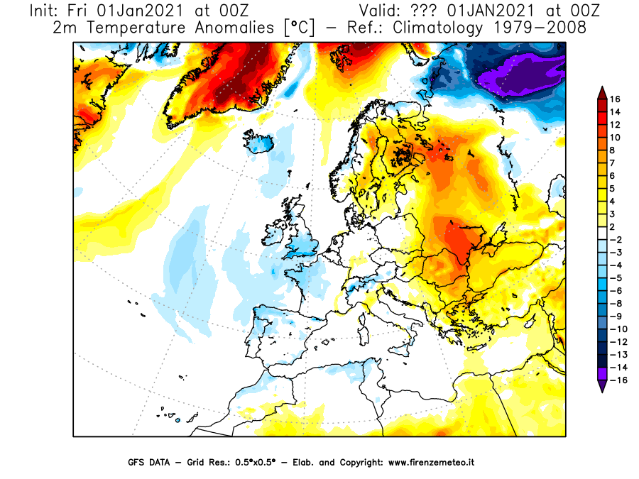 Mappa di analisi GFS - Anomalia Temperatura [°C] a 2 m in Europa
							del 01/01/2021 00 <!--googleoff: index-->UTC<!--googleon: index-->
