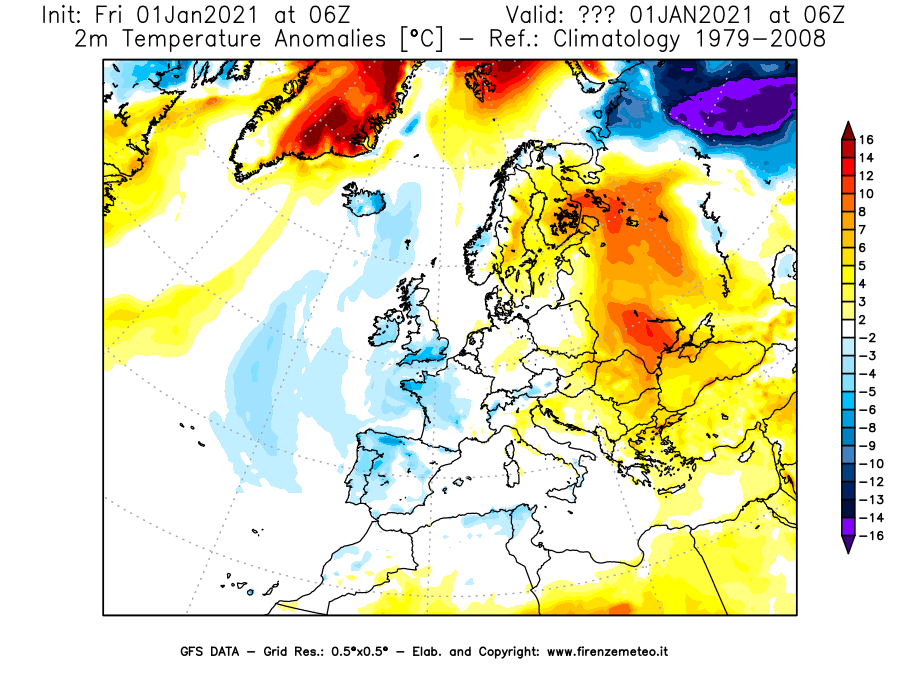 Mappa di analisi GFS - Anomalia Temperatura [°C] a 2 m in Europa
							del 01/01/2021 06 <!--googleoff: index-->UTC<!--googleon: index-->