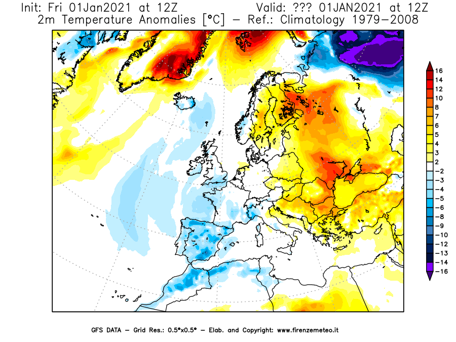 Mappa di analisi GFS - Anomalia Temperatura [°C] a 2 m in Europa
							del 01/01/2021 12 <!--googleoff: index-->UTC<!--googleon: index-->