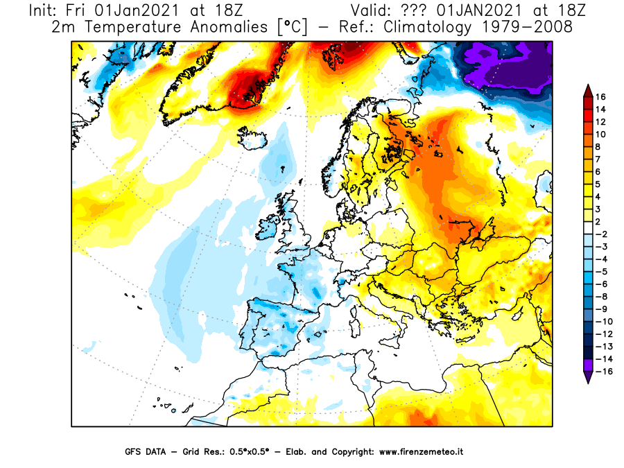 Mappa di analisi GFS - Anomalia Temperatura [°C] a 2 m in Europa
							del 01/01/2021 18 <!--googleoff: index-->UTC<!--googleon: index-->
