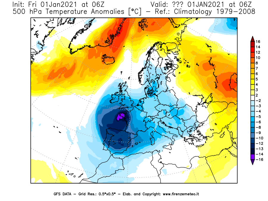 Mappa di analisi GFS - Anomalia Temperatura [°C] a 500 hPa in Europa
							del 01/01/2021 06 <!--googleoff: index-->UTC<!--googleon: index-->