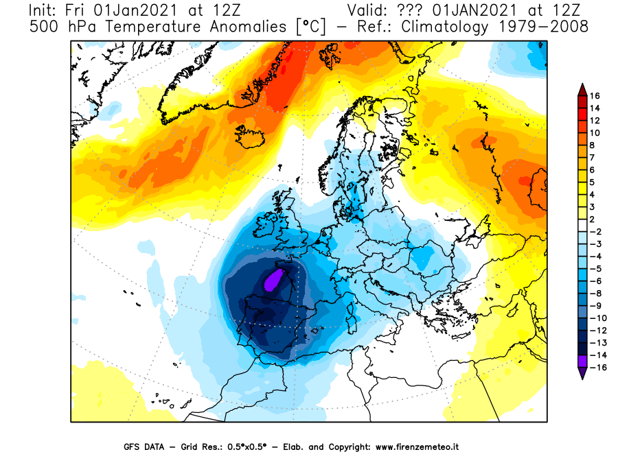 Mappa di analisi GFS - Anomalia Temperatura [°C] a 500 hPa in Europa
							del 01/01/2021 12 <!--googleoff: index-->UTC<!--googleon: index-->